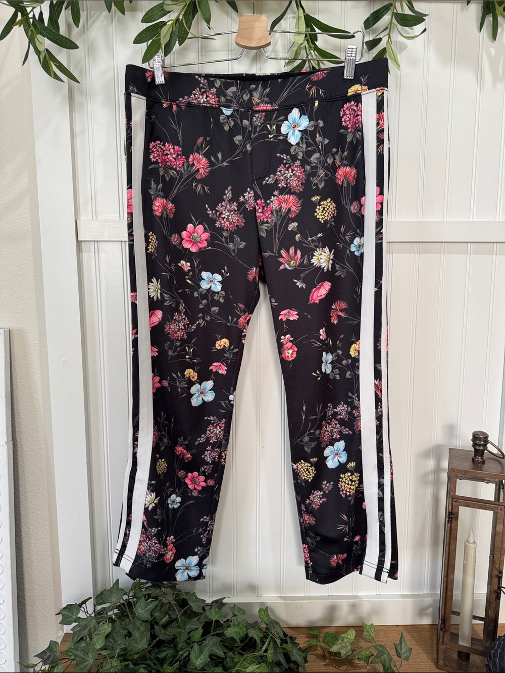 #111 PAM & GELA Black Floral Straight Leg Pants with White Side Stripes